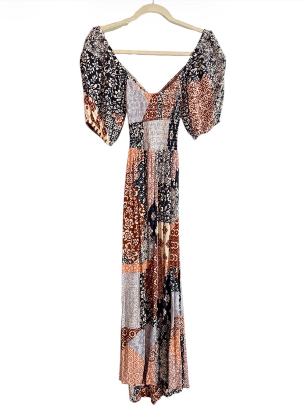 Bila Patchwork Boho Maxi Dress in Navy, Rust and Cream
